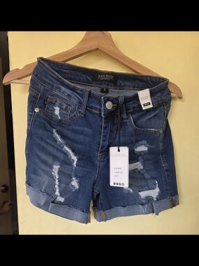 Judy Blue Distressed Roll-Cuff Denim Shorts - Blue